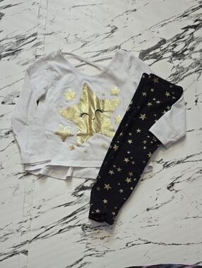 The Children's Place White Top & Black Star Leggings Set with Gold Accents